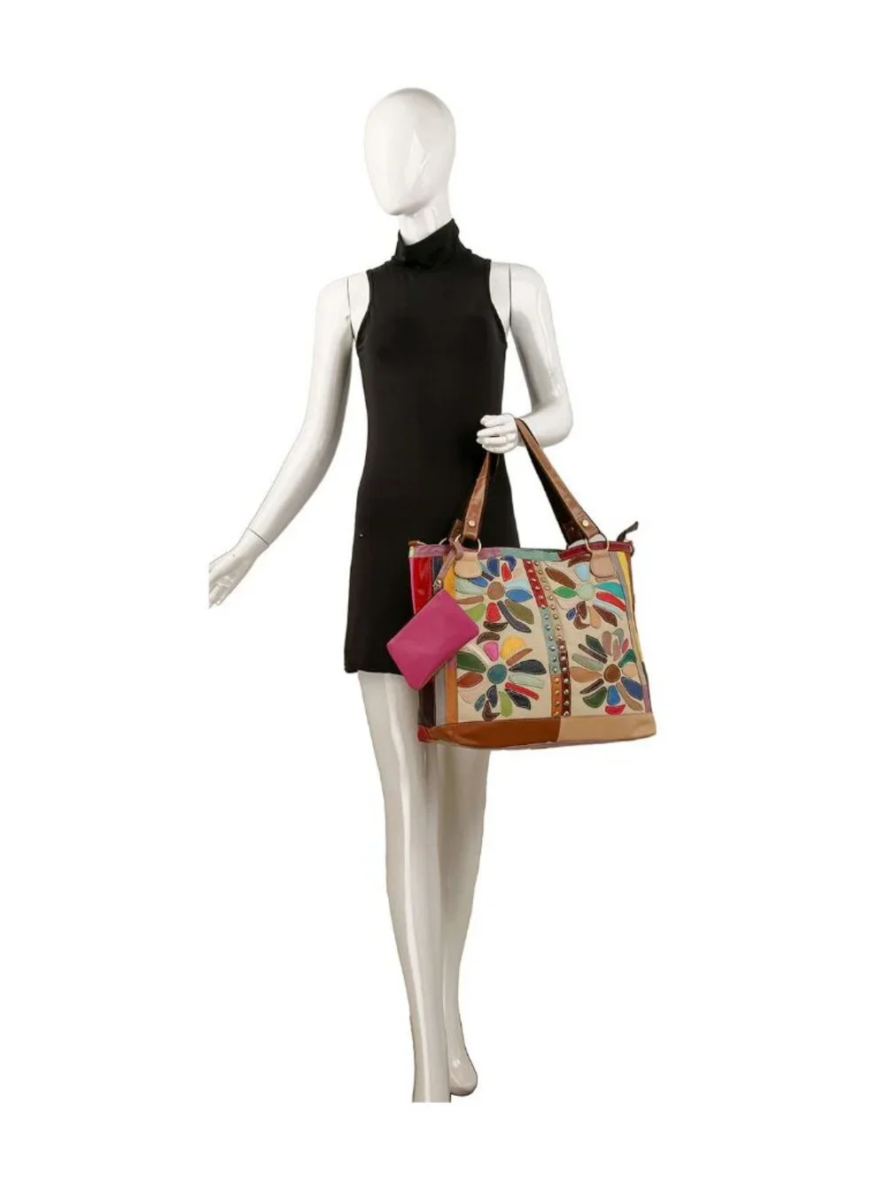 NWT Genuine Leather Colorful Floral Patchwork Oversized Tote Set  Description